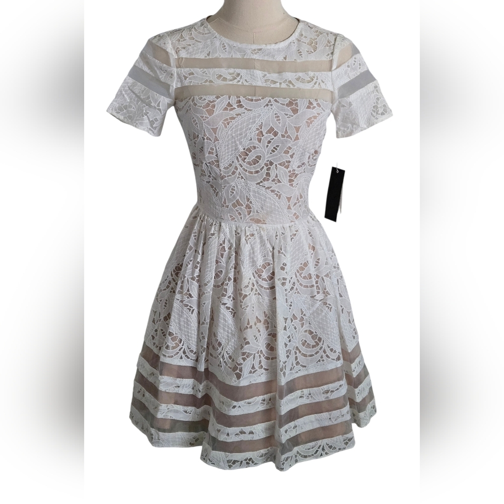 Aqua White Lace Mini Dress With Organza Insets ~NWT